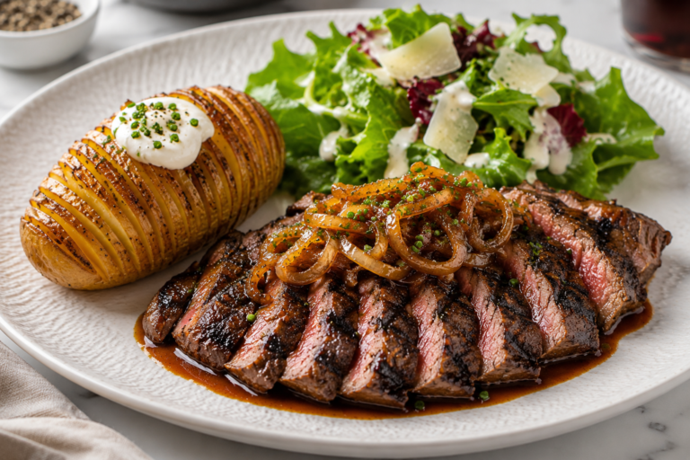 Steak with Caramelized Onions, Hasselback Potato & Fresh Salad