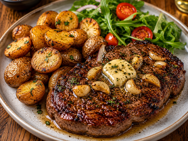 Garlic Butter Ribeye Steak with Roasted Potatoes