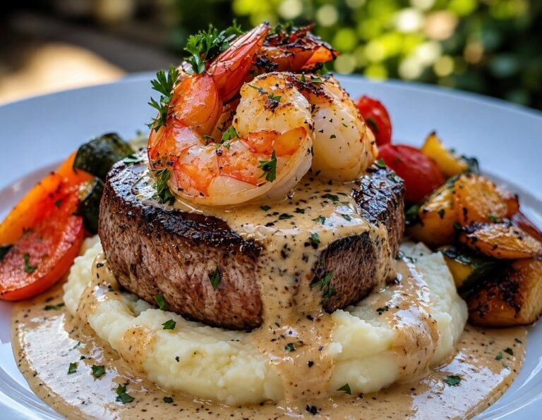 Garlic Butter Steak with Shrimp & Creamy Mash