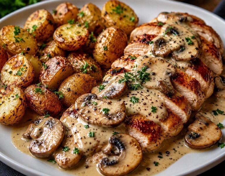 Creamy Mushroom Chicken with Roasted Baby Potatoes
