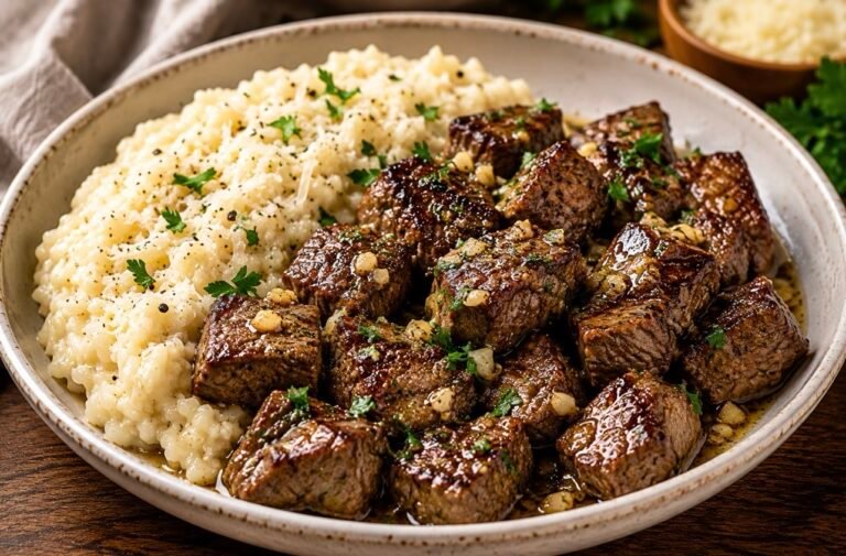 Garlic Butter Steak Bites with Creamy Parmesan Rice