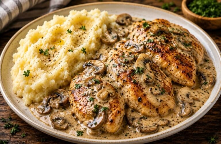 Creamy Mushroom Chicken with Garlic Mashed Potatoes
