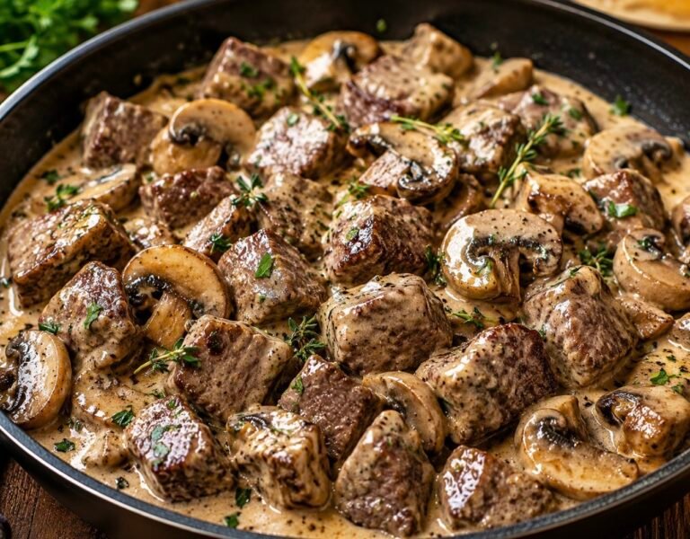 Creamy Garlic Mushroom Steak Bites
