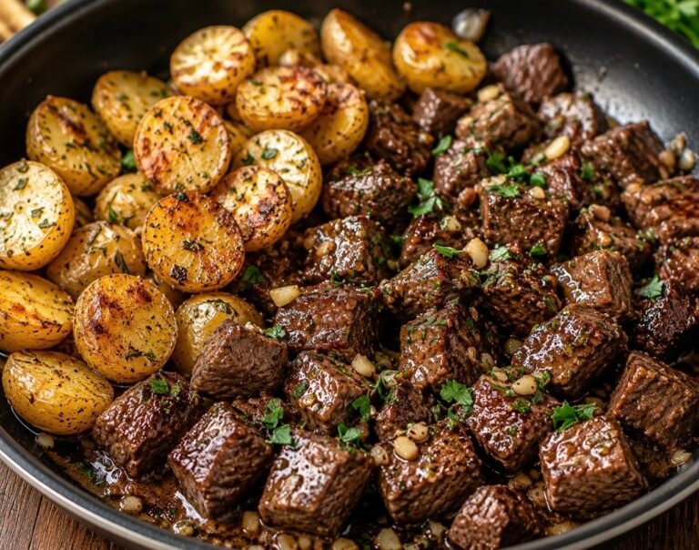 Garlic Butter Beef Tips with Roasted Potatoes