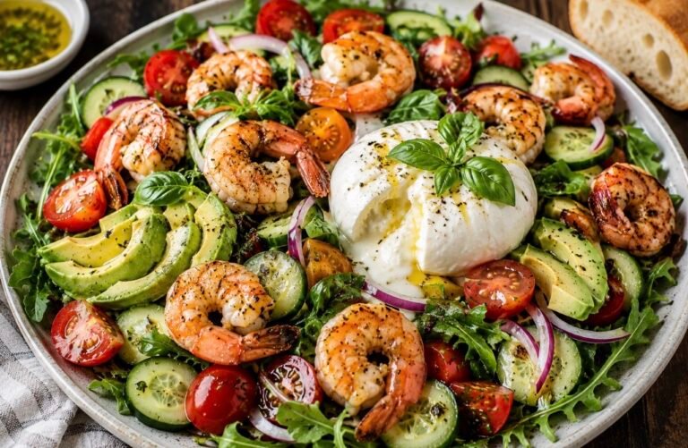 Mediterranean Shrimp & Burrata Salad