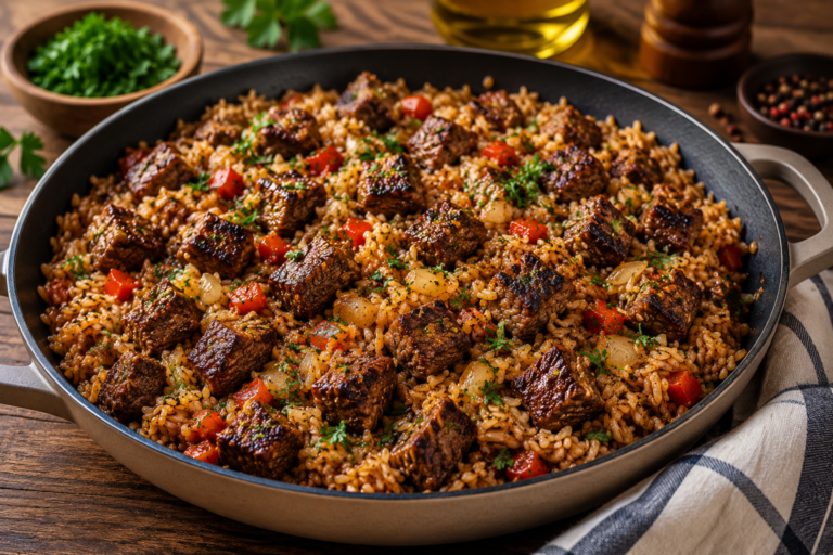 Garlic Butter Beef & Rice Skillet