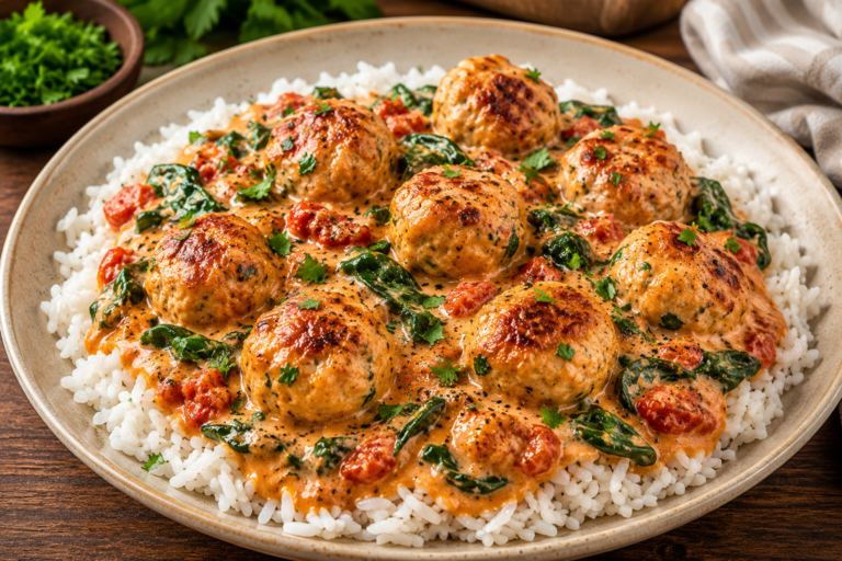 Creamy Tuscan Chicken Meatballs with Rice
