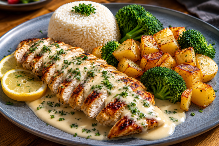 Creamy Garlic Chicken with Rice, Roasted Potatoes & Broccoli