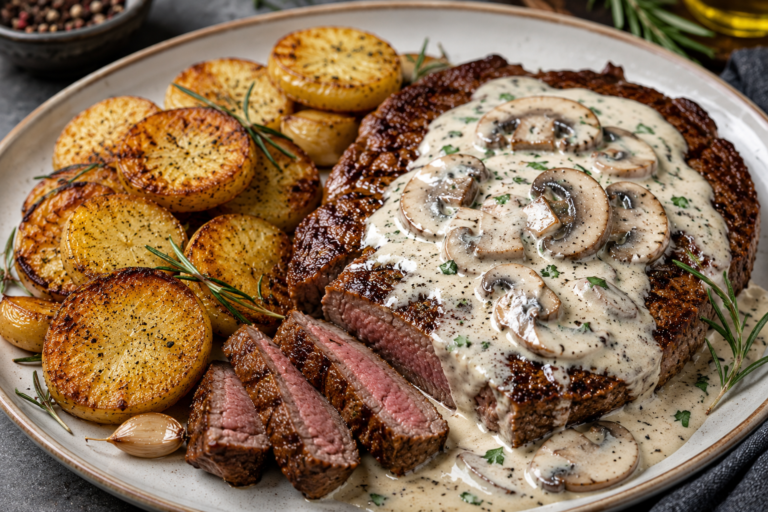 Ribeye Steak with Rosemary Potatoes & Creamy Mushroom Sauce