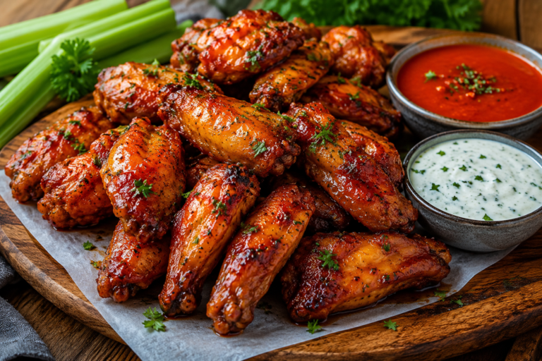 Crispy Oven-Baked Chicken Wings with Spicy Sauce & Ranch Dip