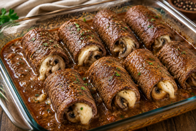 Cheesy Mushroom Stuffed Beef Rolls