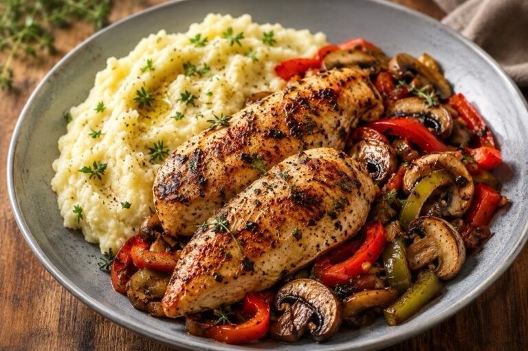 🍗 Herb-Grilled Chicken with Garlic Mushrooms & Creamy Mashed Potatoes