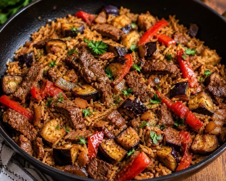 Beef, Eggplant & Rice Skillet