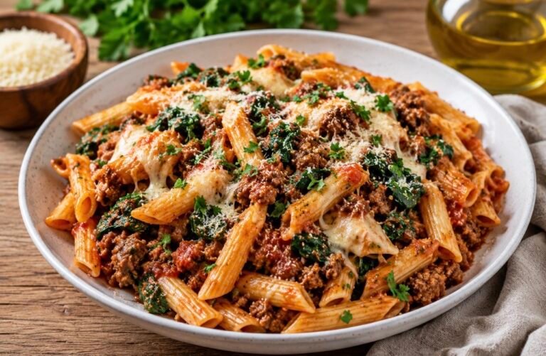 Cheesy Beef & Spinach Penne