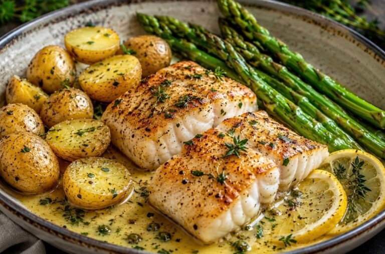 Pan-Seared Chilean Sea Bass with Lemon Garlic Butter & Asparagus