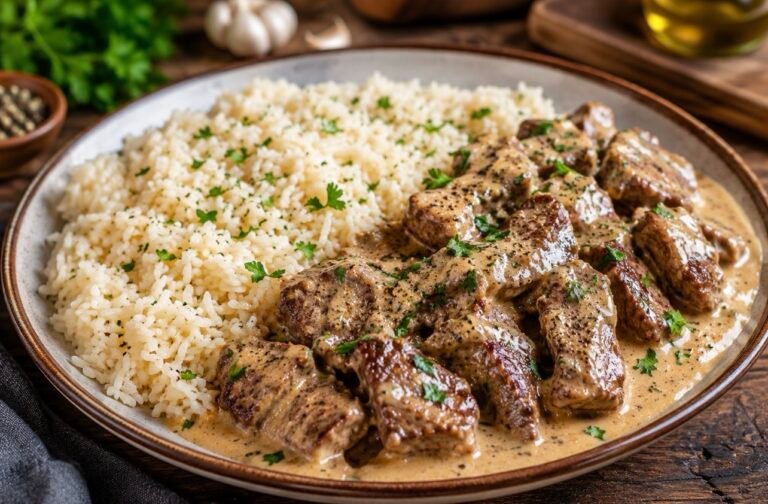 Creamy Garlic Beef & Rice