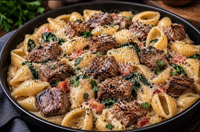 Creamy Garlic Steak & Shell Pasta
