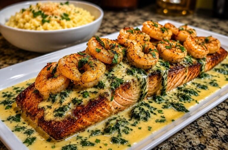 Creamy Garlic Butter Salmon with Shrimp & Spinach