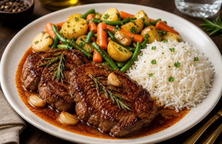 Steak with Rich Pan Sauce, Lemon Herb Vegetables & Basmati Rice