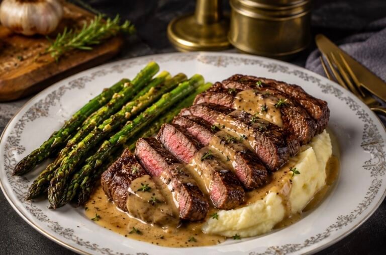 Steak with Creamy Pan Sauce, Mashed Potatoes & Garlic Asparagus