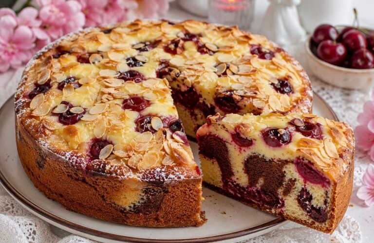 Cherry Marble Cake with Vanilla Pudding & Sliced Almonds