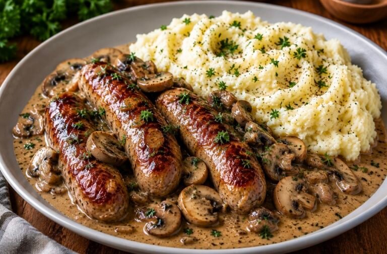Creamy Mushroom Sausages with Mashed Potatoes