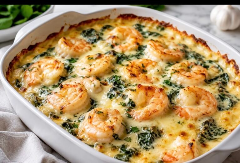 Creamy Garlic Shrimp & Spinach Gratin