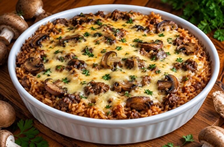 Cheesy Mushroom & Beef Rice Bake