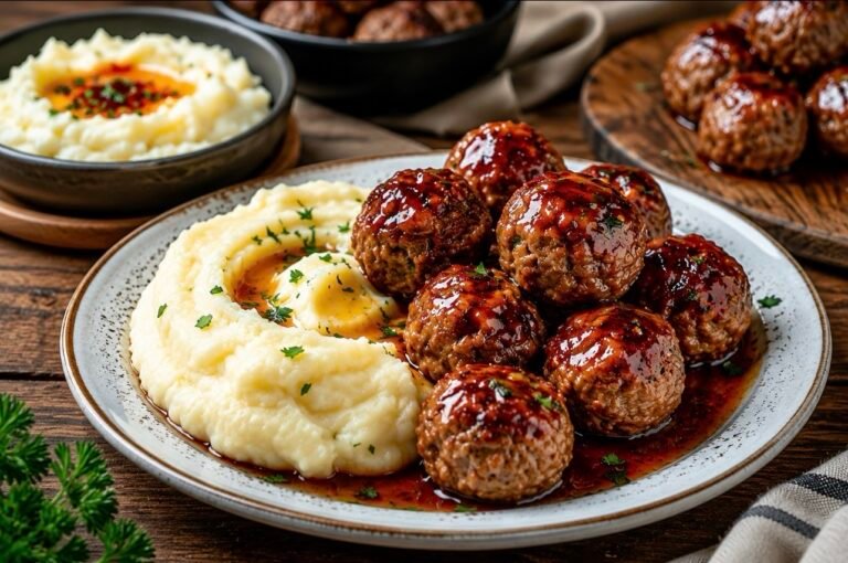 Honey Garlic Glazed Meatballs with Creamy Mashed Potatoes