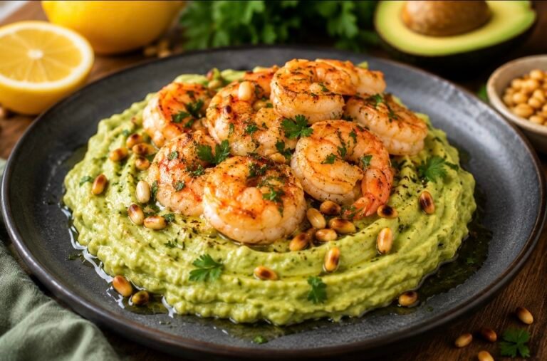 Avocado Nest with Garlic Shrimp & Toasted Pine Nuts