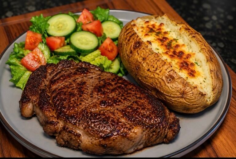 Pan-Seared Ribeye with Cheesy Baked Potato