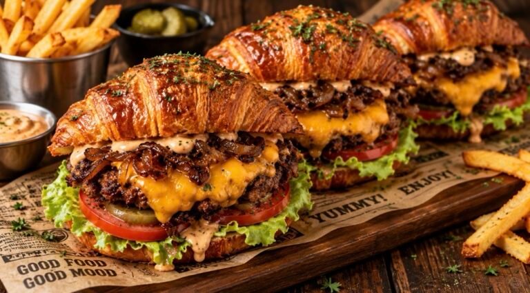 🥐 Croissant Smash Burgers with Cheddar & Caramelized Onions